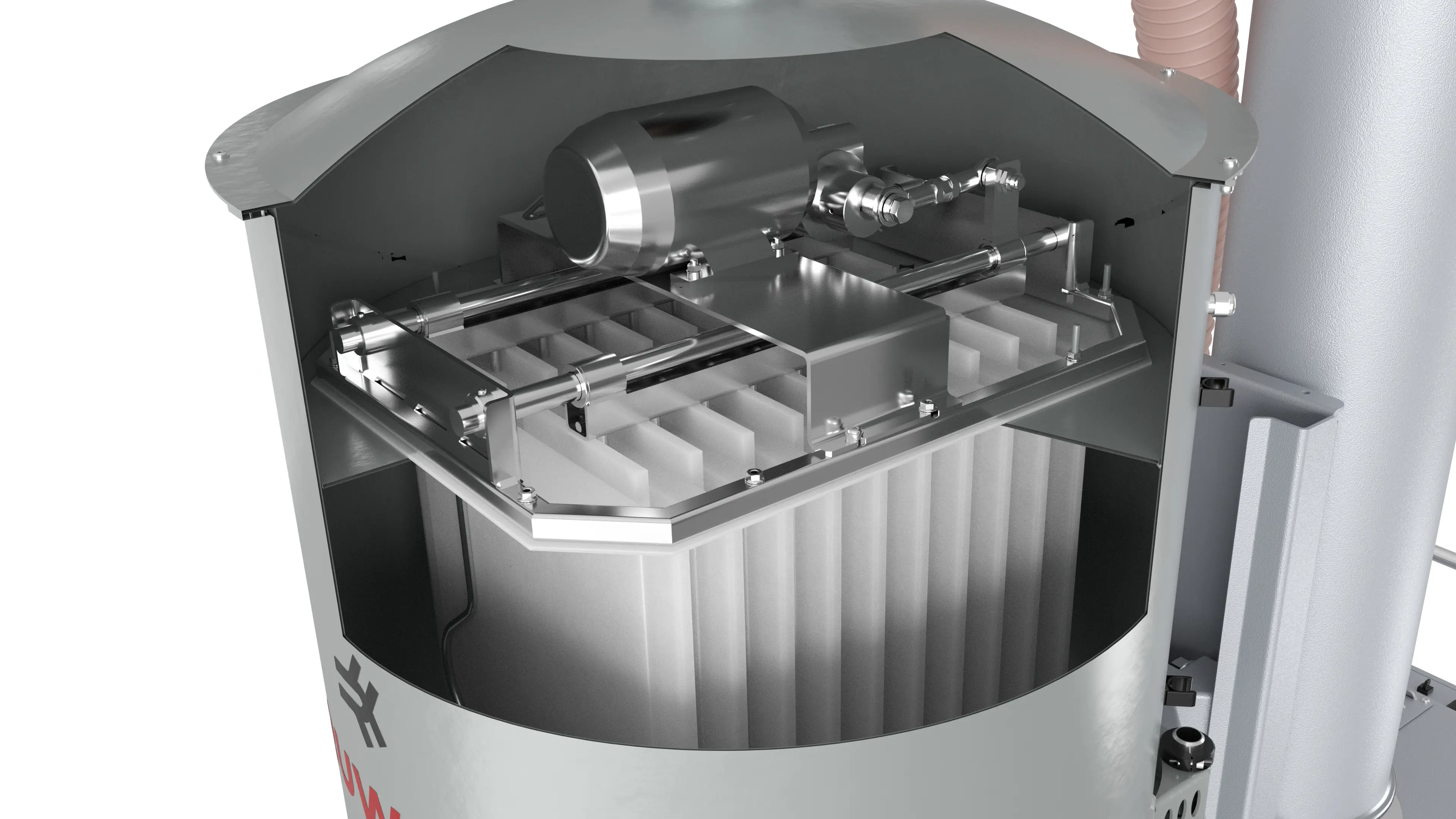 Automatické čištění filtru pro konstantní výkon: čištění řízené rozdílovým tlakem udržuje kapsový filtr trvale výkonný. Das reduziert Wartungsaufwand, verlängert Standzeiten und sorgt für stabile Saugleistung im Dauerbetrieb.