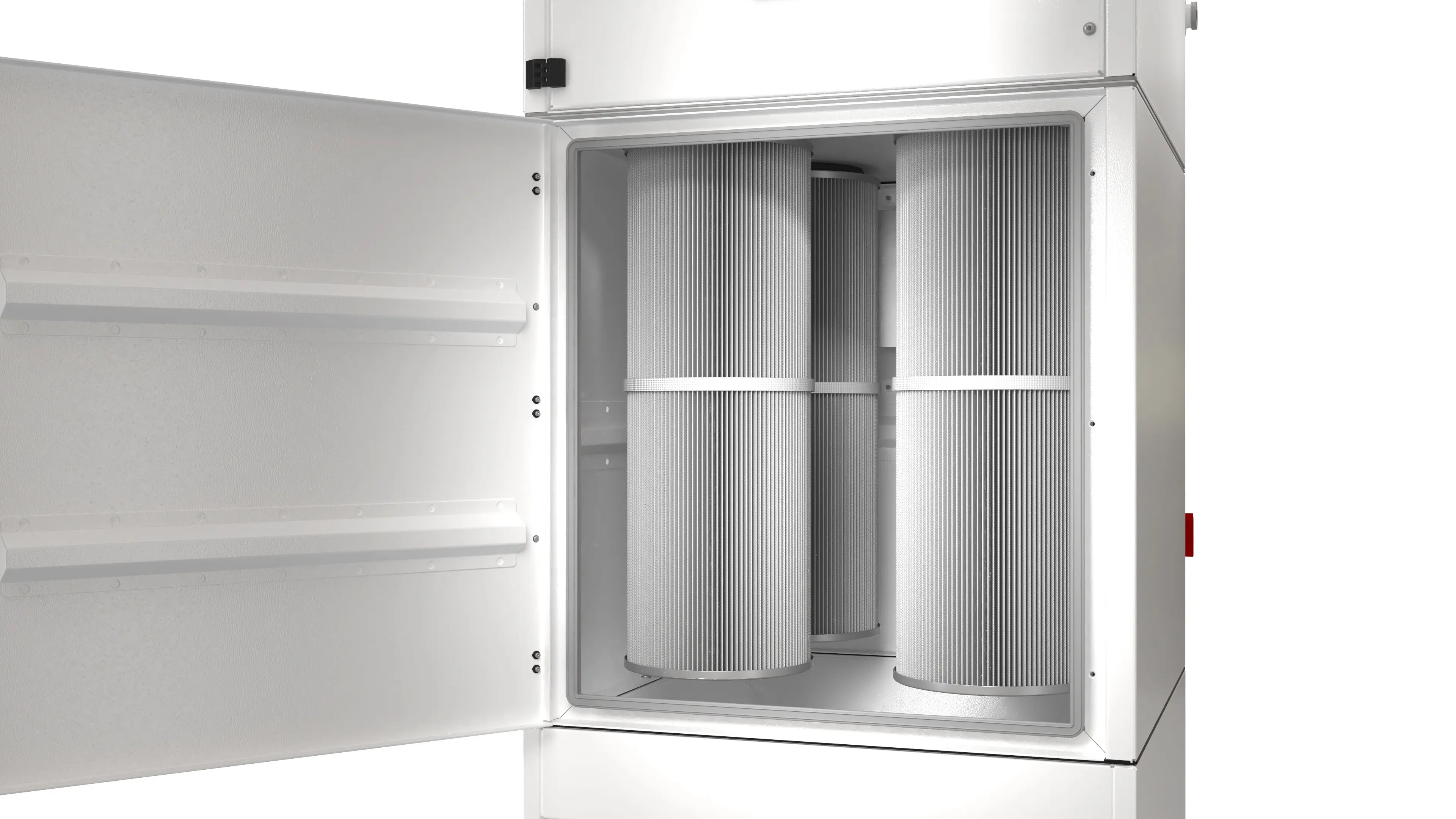 Puissance d'aspiration constante même avec des poussières fines : des filtres à cartouche de grande taille, équipés d'un système de nettoyage automatique à air comprimé, garantissent une performance de filtration stable, même en présence de poussières fines qui ne se déposent pas et en fonctionnement continu.