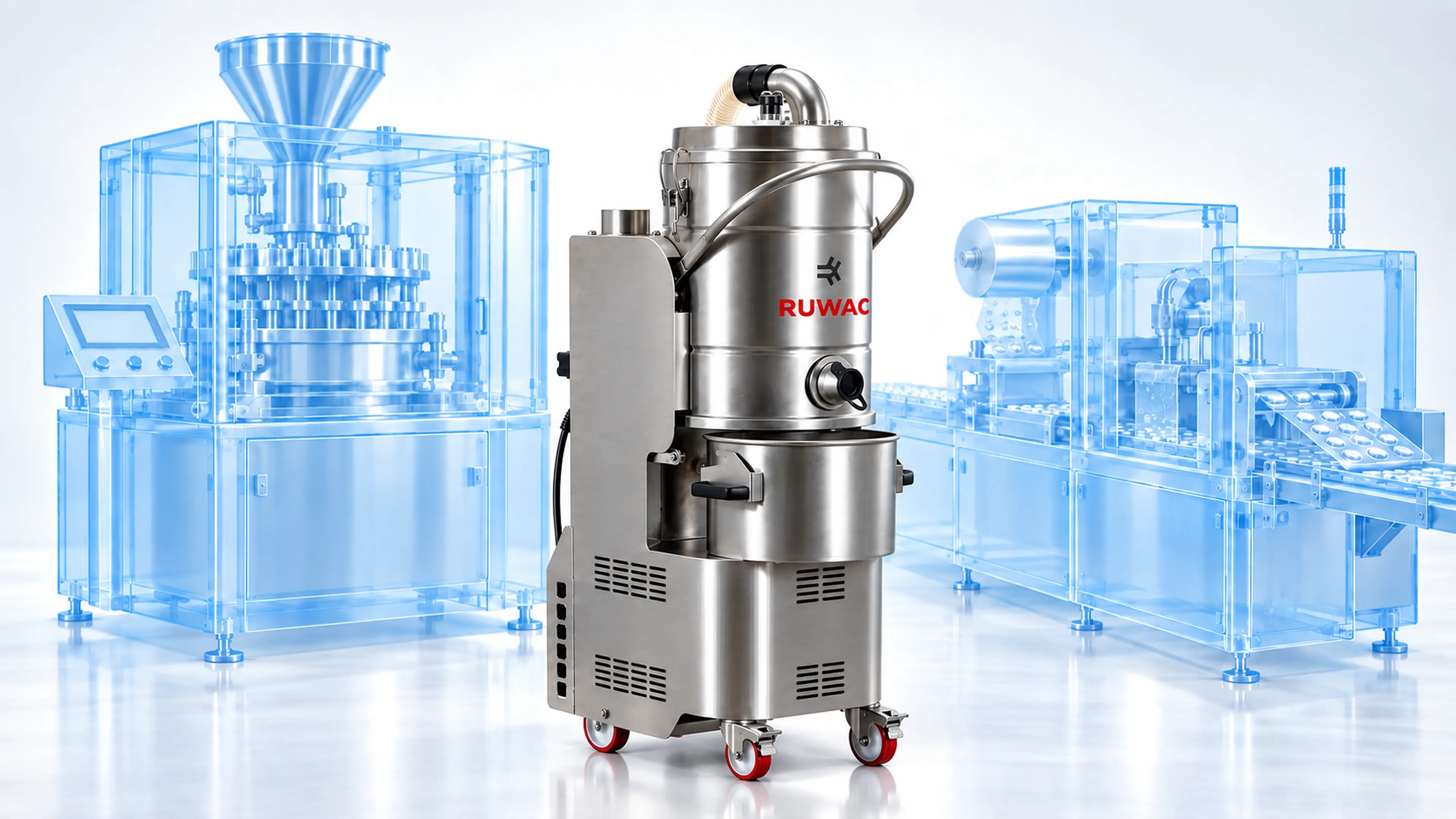 Reinigen und direkt absaugen. Ob Böden, Maschinen oder Produktionslinien: Der R40 sorgt überall dort für Sauberkeit, wo sie für Prozessqualität entscheidend ist. Auch als Absaugeinheit an Tablettenpressen oder Blistermaschinen.
